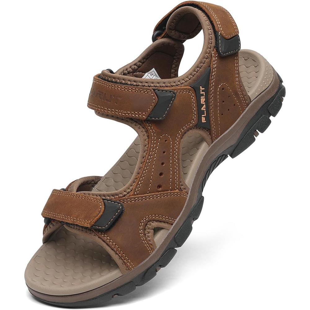 imageFLARUT Mens Athletic Sandals Sport Outdoor Hiking Sandals Open Toe Leather Walking Sandals Beach Water ShoesAbrown