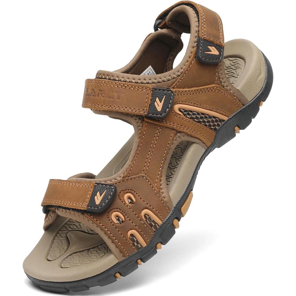 imageFLARUT Mens Athletic Sandals Sport Outdoor Hiking Sandals Open Toe Leather Walking Sandals Beach Water ShoesBbrown