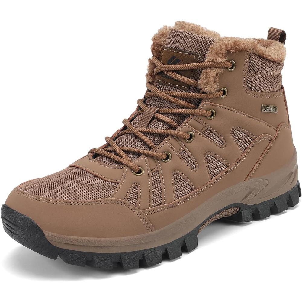 imageFLARUT Mens Snow Boots Insulated Fur Liner Winter Warm Hiking Shoes Walking SneakerMbrown