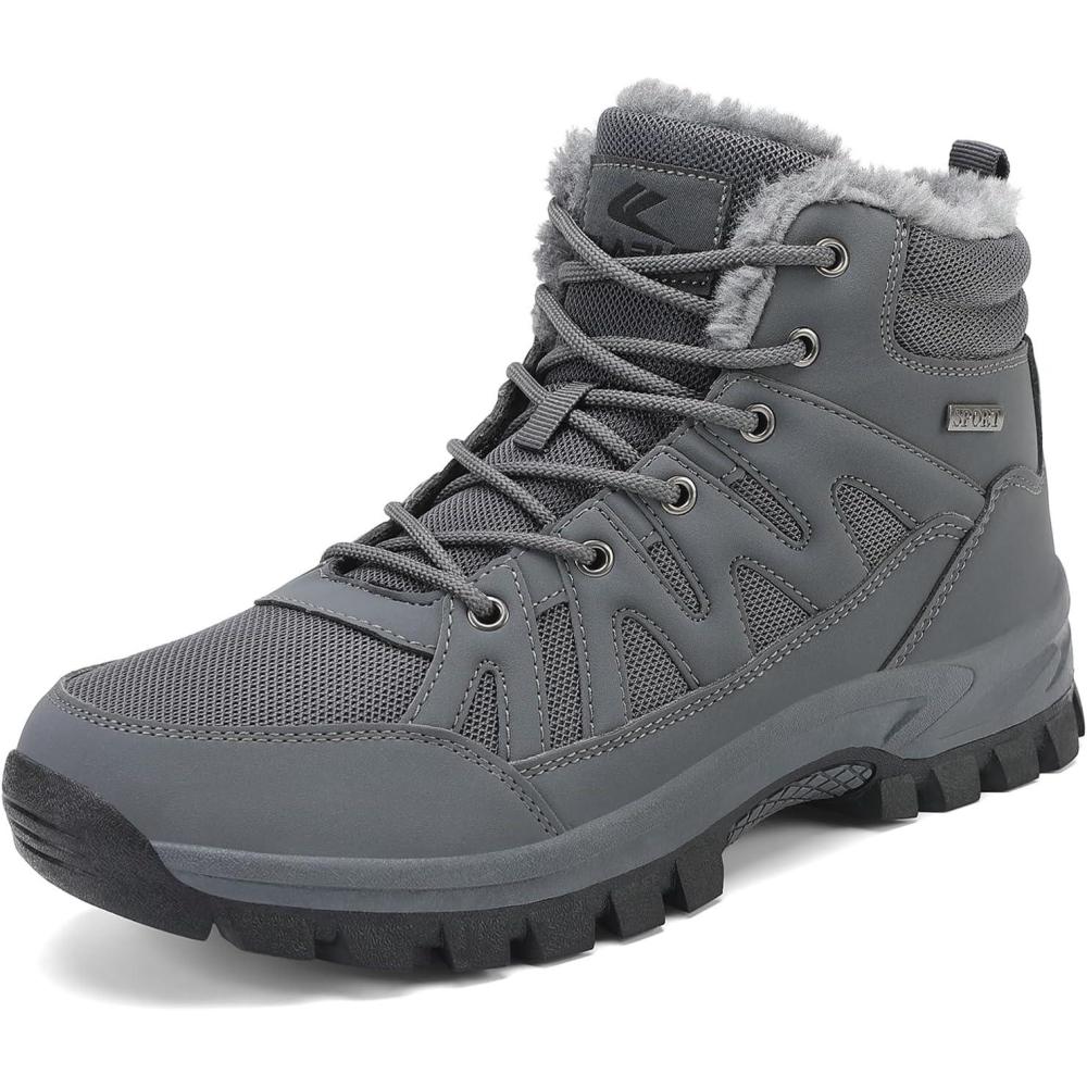 imageFLARUT Mens Snow Boots Insulated Fur Liner Winter Warm Hiking Shoes Walking SneakerMgrey