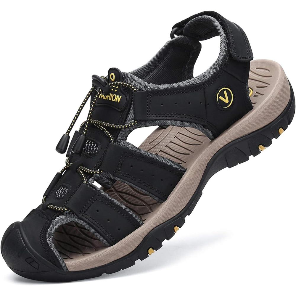 imageFLARUT Mens Sport Sandals Outdoor Hiking Sandals Closed Toe Leather Athletic Lightweight Trail Walking Casual Sandals Water ShoesAblack
