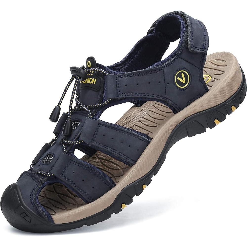 imageFLARUT Mens Sport Sandals Outdoor Hiking Sandals Closed Toe Leather Athletic Lightweight Trail Walking Casual Sandals Water ShoesAblue