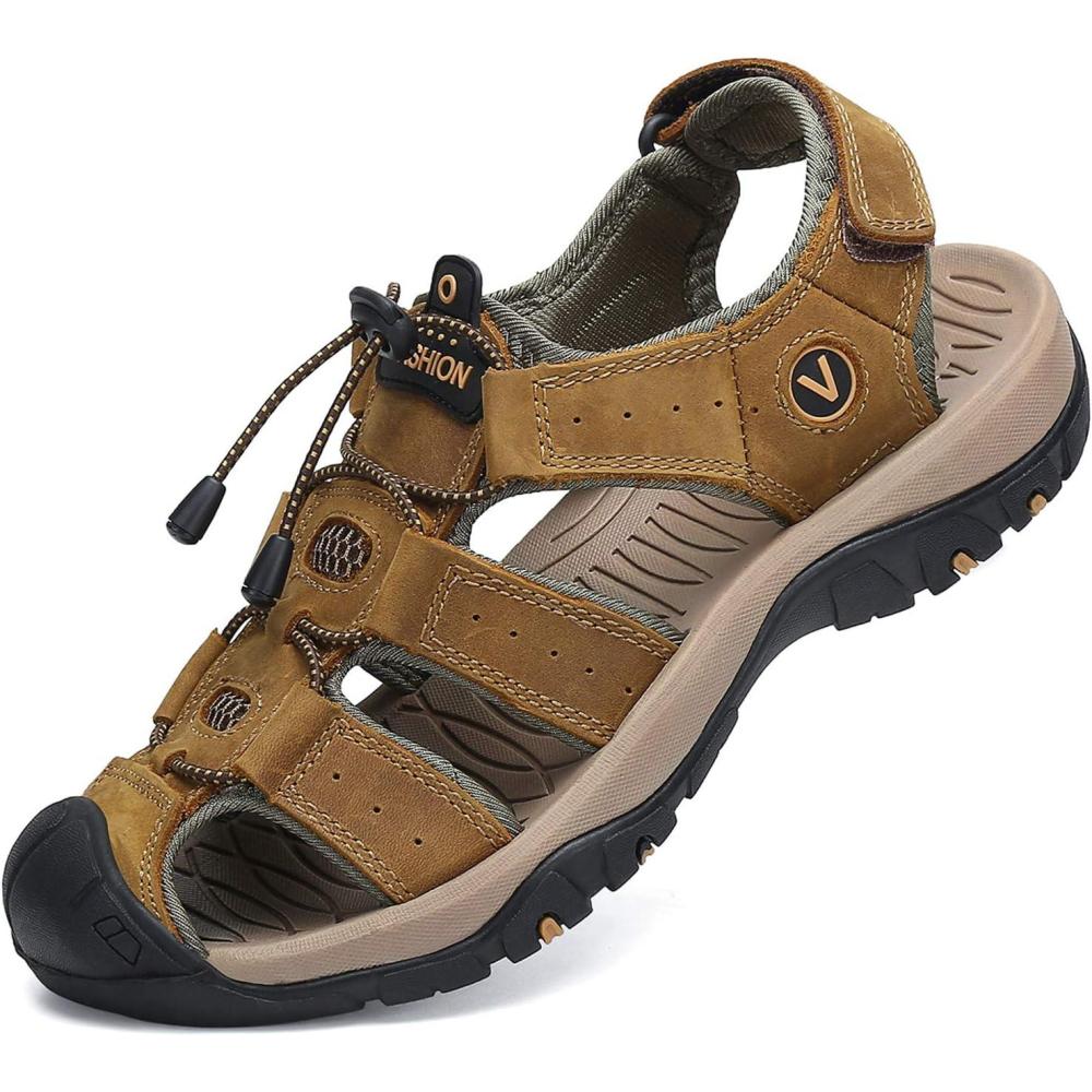 imageFLARUT Mens Sport Sandals Outdoor Hiking Sandals Closed Toe Leather Athletic Lightweight Trail Walking Casual Sandals Water ShoesAbrown