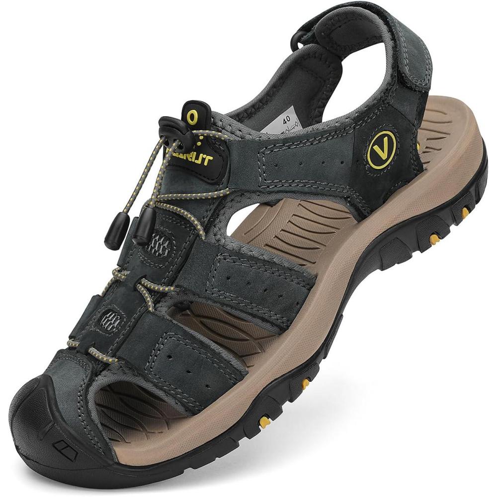imageFLARUT Mens Sport Sandals Outdoor Hiking Sandals Closed Toe Leather Athletic Lightweight Trail Walking Casual Sandals Water ShoesAgray