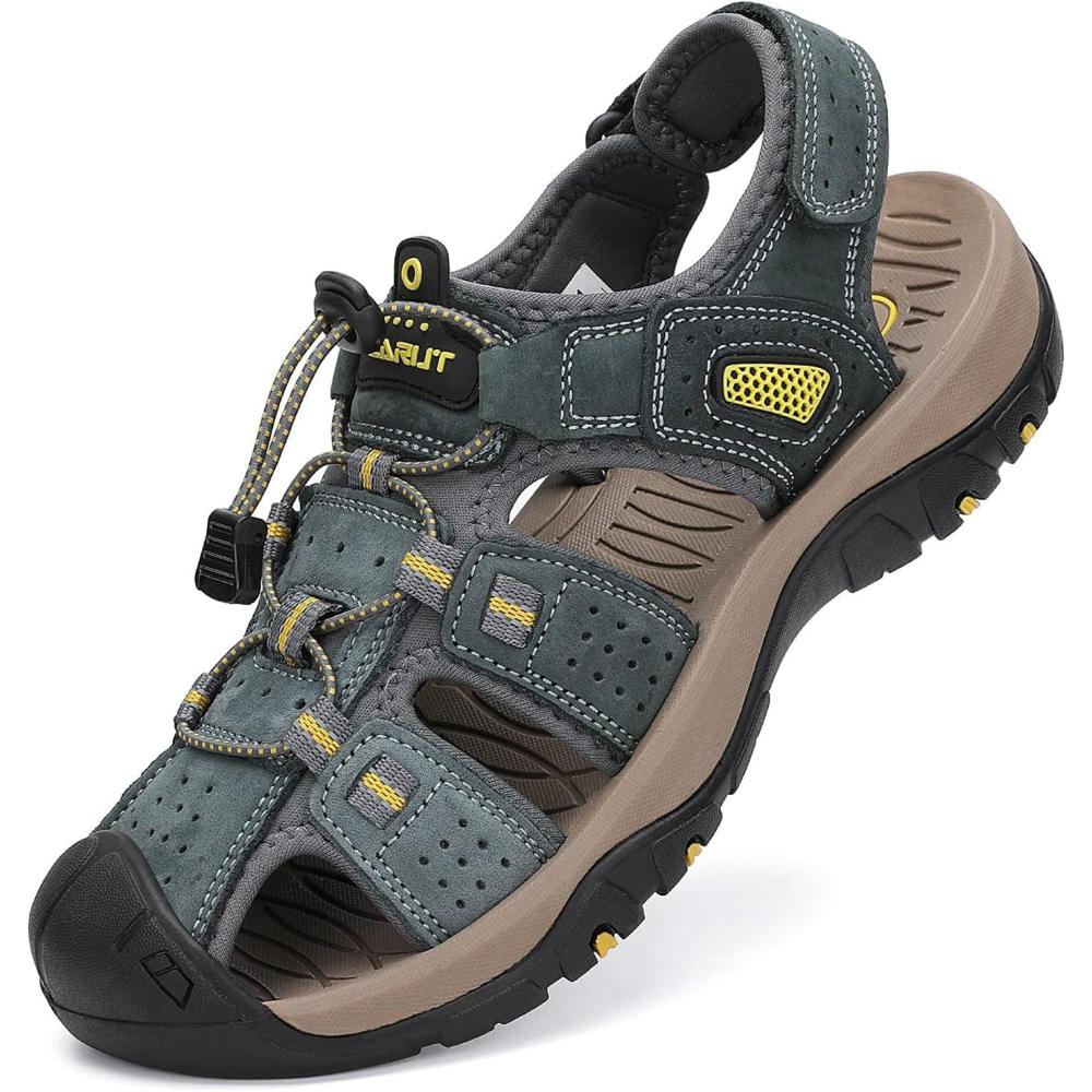 imageFLARUT Mens Sport Sandals Outdoor Hiking Sandals Closed Toe Leather Athletic Lightweight Trail Walking Casual Sandals Water ShoesCgray