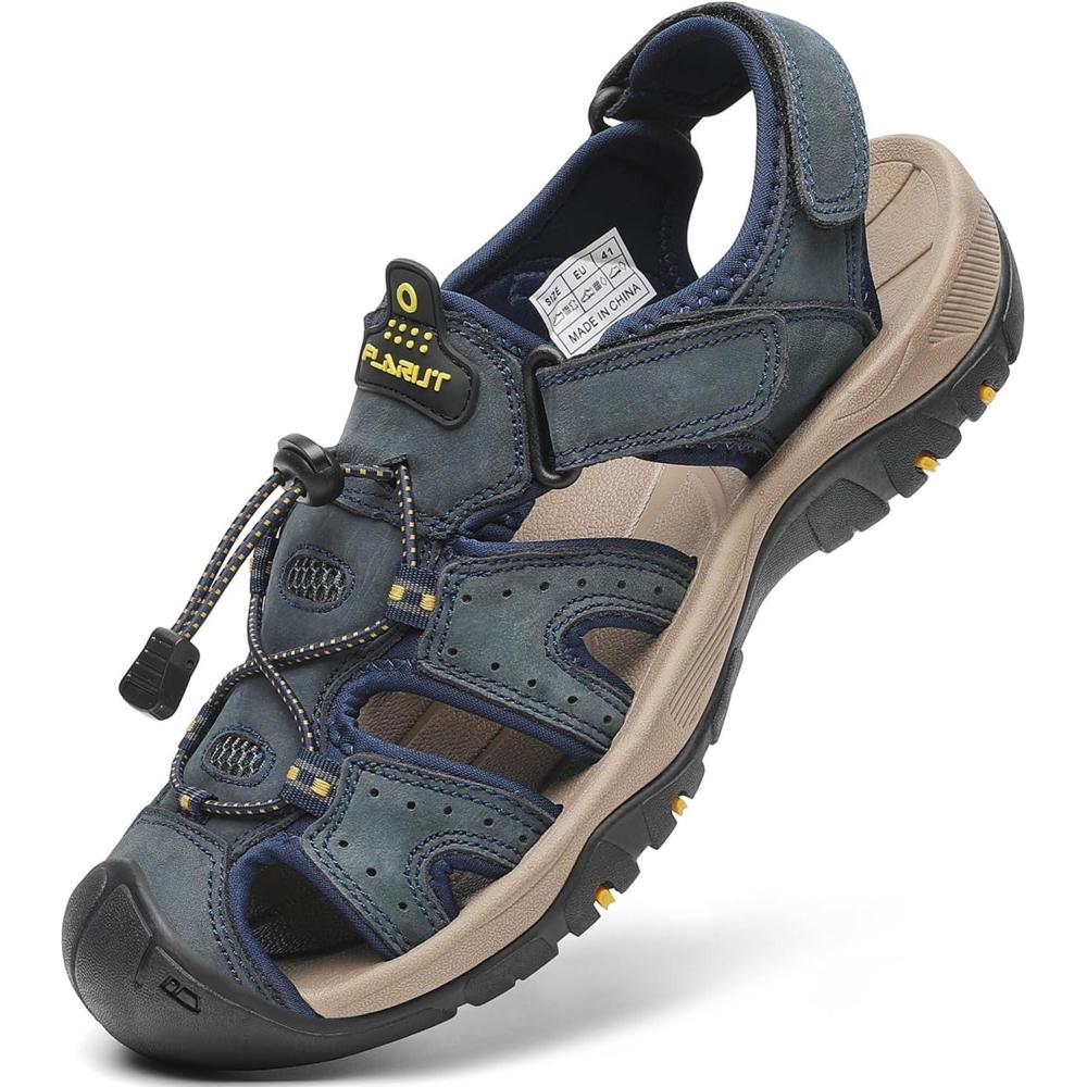 imageFLARUT Mens Sport Sandals Outdoor Hiking Sandals Closed Toe Leather Athletic Lightweight Trail Walking Casual Sandals Water ShoesEblue