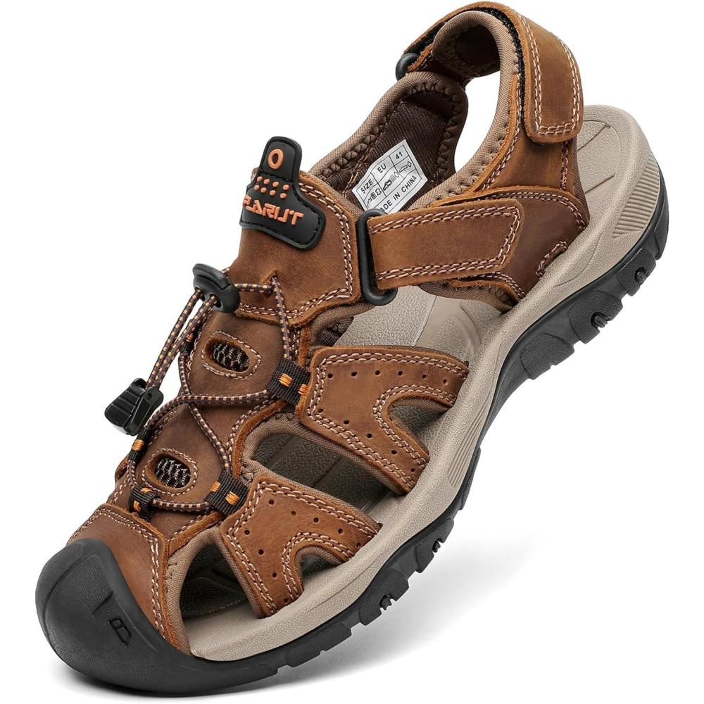 imageFLARUT Mens Sport Sandals Outdoor Hiking Sandals Closed Toe Leather Athletic Lightweight Trail Walking Casual Sandals Water ShoesEbrown