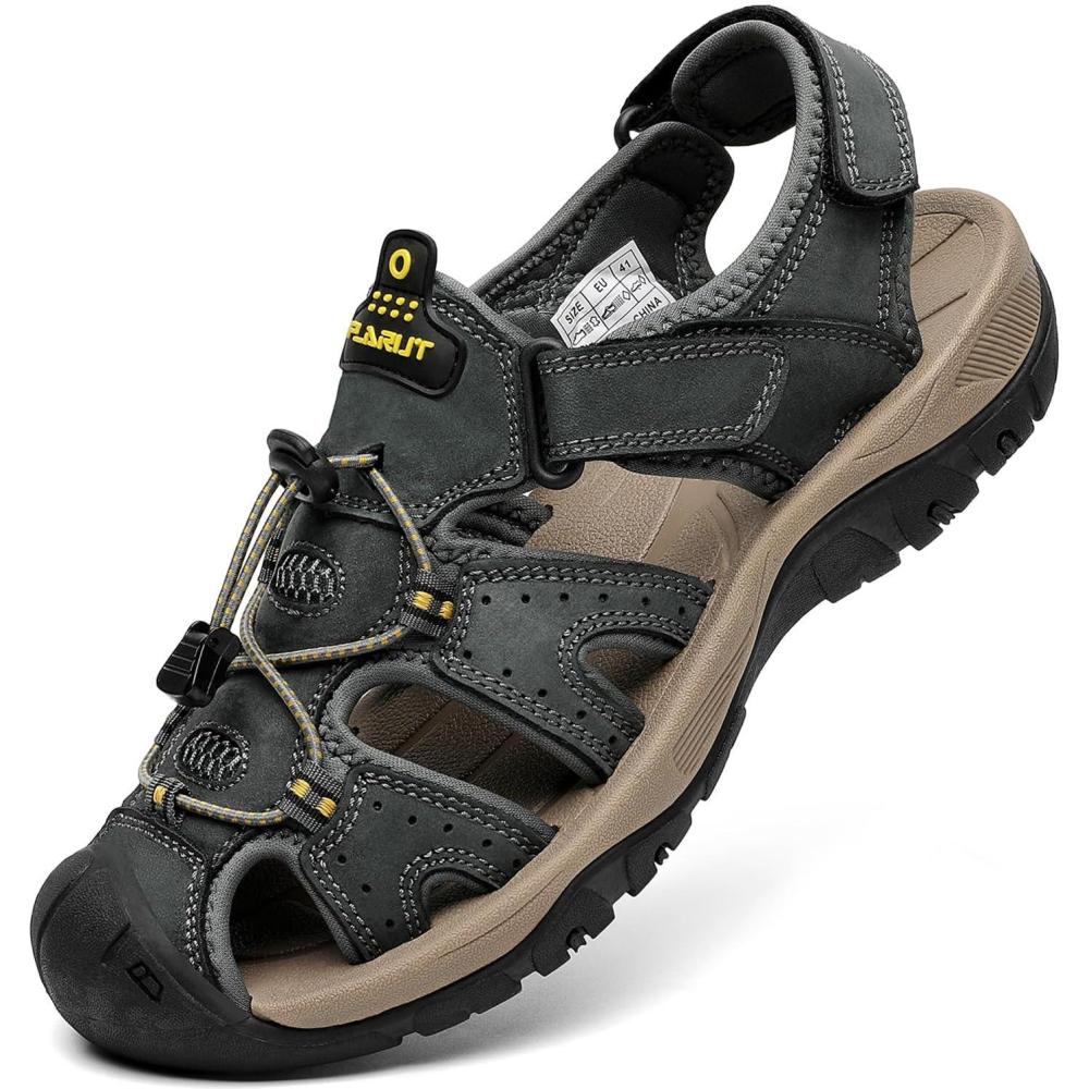 imageFLARUT Mens Sport Sandals Outdoor Hiking Sandals Closed Toe Leather Athletic Lightweight Trail Walking Casual Sandals Water ShoesEgray
