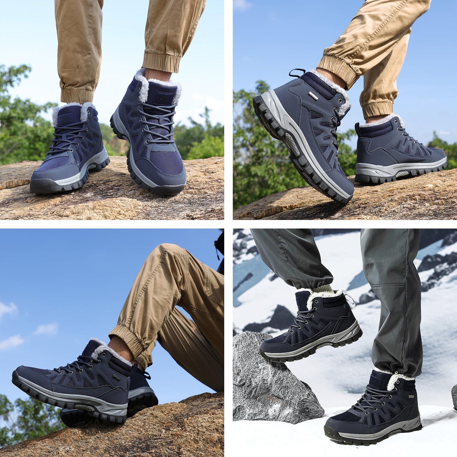 imageFLARUT Mens Snow Boots Insulated Fur Liner Winter Warm Hiking Shoes Walking SneakerMblue