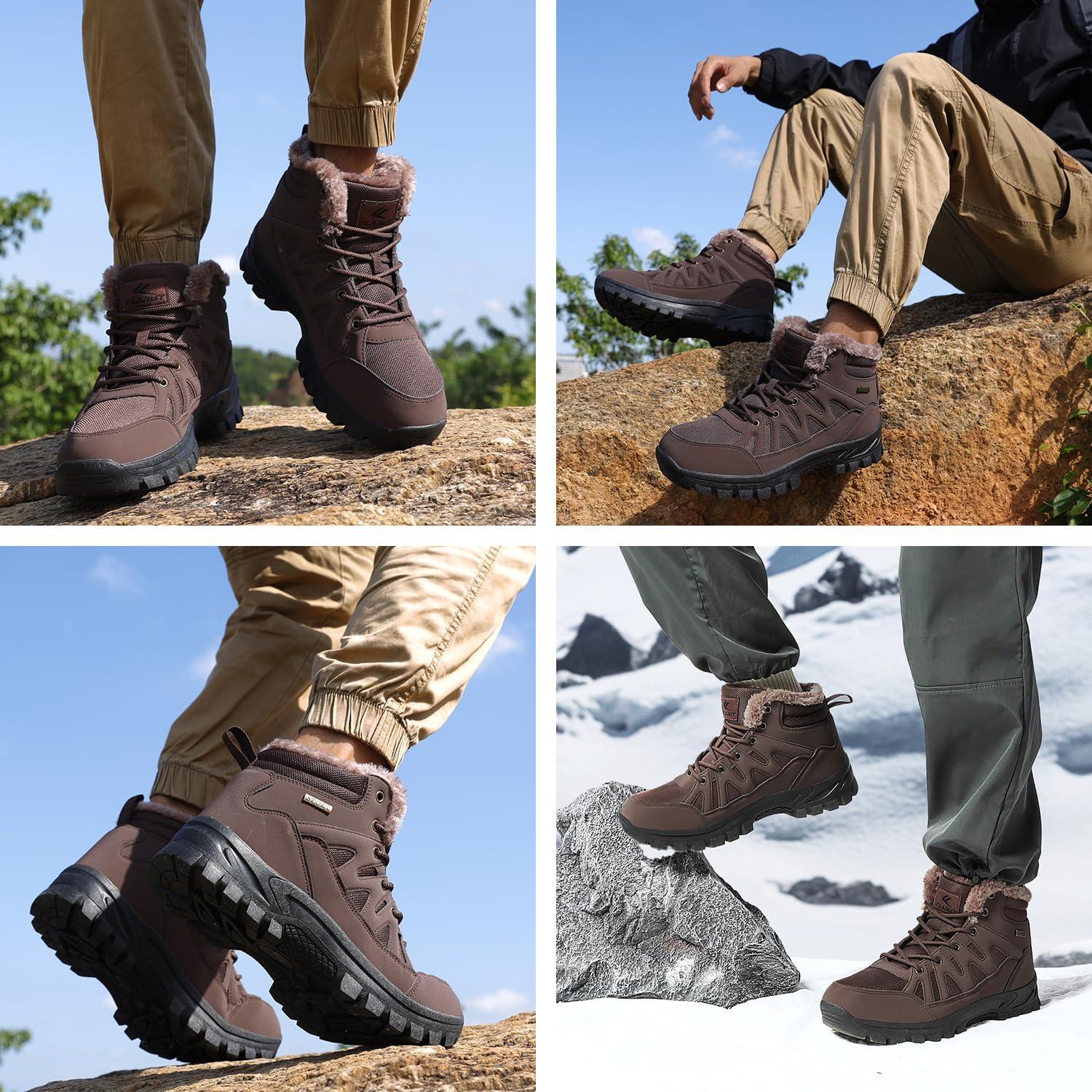 imageFLARUT Mens Snow Boots Insulated Fur Liner Winter Warm Hiking Shoes Walking SneakerMdark Brown